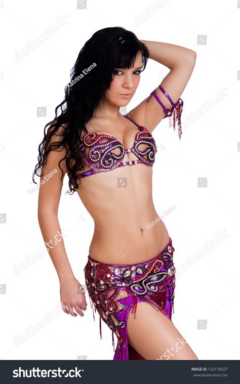 Portrait Of A Beautiful Brunette Belly Dancer Wearing A Jeweled Magenta
