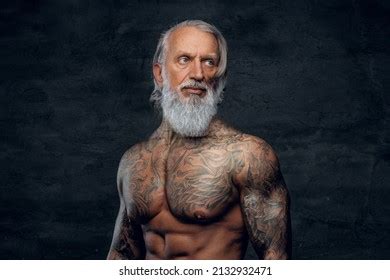 Fitnes Grandfather Bodybuilder Long Beard Naked Stock Photo