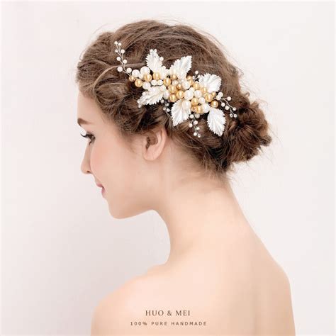 Custom Handmade Diamond Pearl Bride Hairpin Gold Headdress Wedding Bride Crystal Pearl Hair