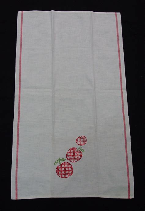 Cute Vintage Kitchen Towel Embroidered Apples Red Stripe Toweling 17 X