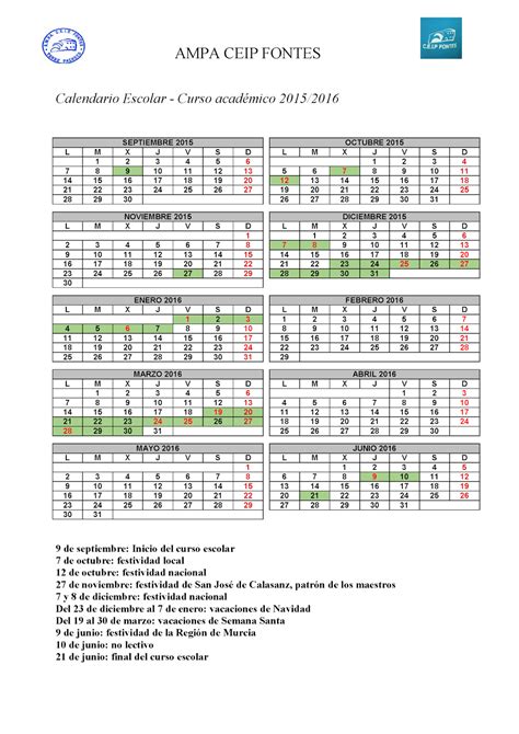 Ampa Ceip Fontes Torre Pacheco Calendario Escolar Curso 20152016