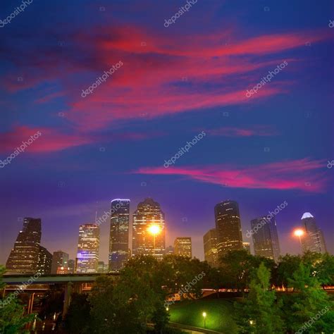 Houston Skyline West View Sunset Texas Us Stock Photo By ©lunamarina