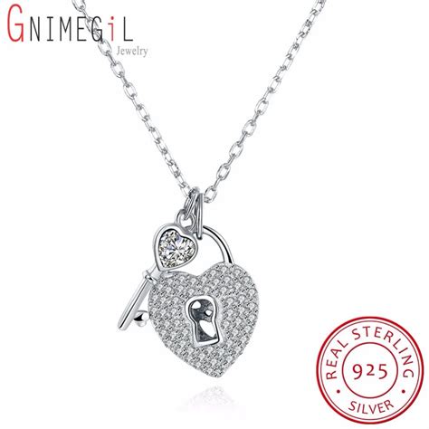 GNIMEGIL Sterling Silver Key And Heart Lock Charm Pendant Necklace For Women Romantic