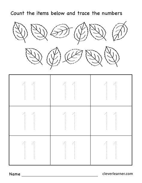 Number eleven writing, counting and identification printable worksheets ...