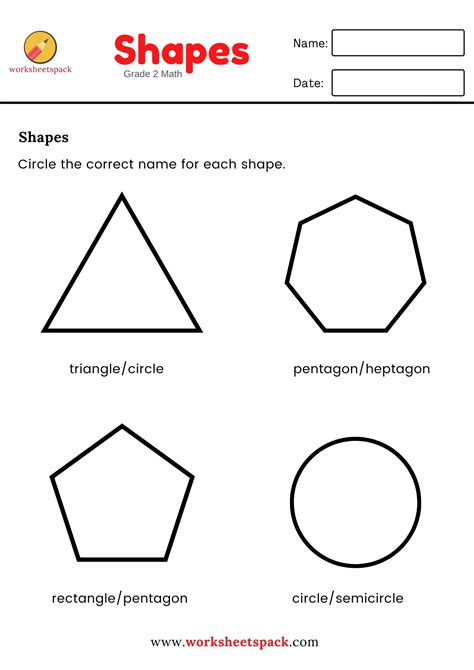 Free Shapes Names Worksheets For Grade 2 Circle The Correct Name For Each Shape Free Printable