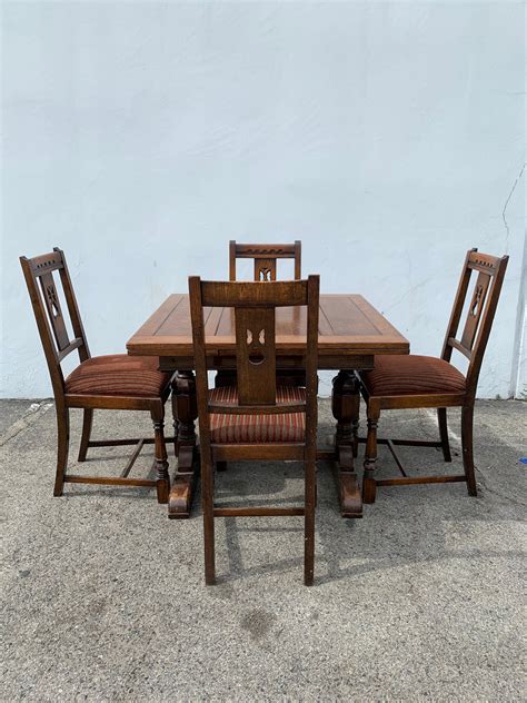 7pc Antique Wood Dining Set Wood Table 4 Chairs Extending Leaf Seating