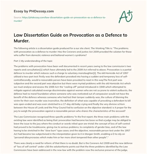 law dissertation guide on provocation as a defence to murder