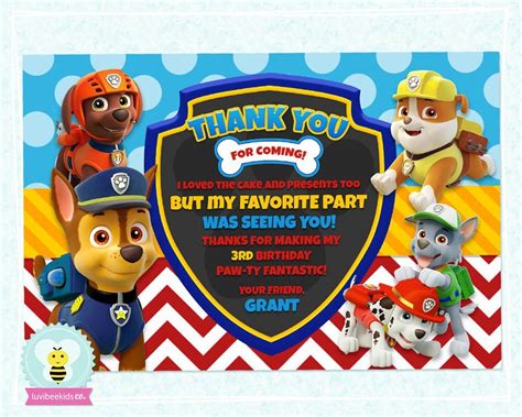 Paw Patrol Birthday Thank You Card Personalized Card Boys