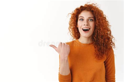 Amused Curly Haired Ginger Girl Explain Wonderful News Shaking Hands Joyfully Stare Camera
