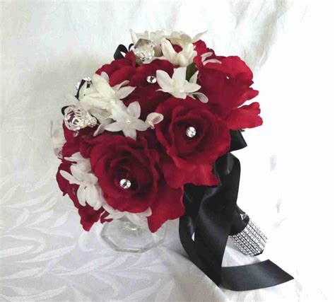Red Rose Bouquet Red White Black Wedding Bouquet And Etsy