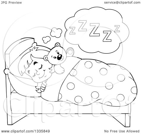 Clipart Of A Cartoon Black And White Happy Girl Sleeping And Dreaming