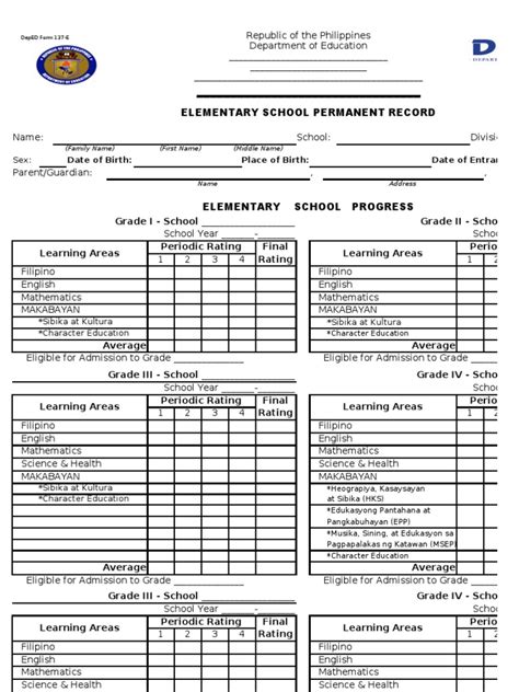 Form 137 Template Philippines Further Education