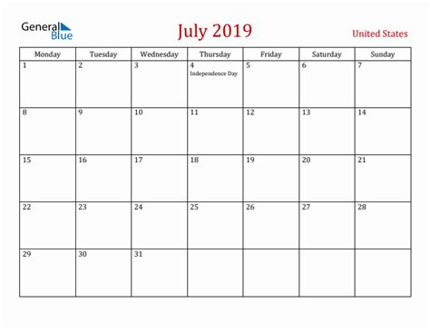 July 2019 United States Monthly Calendar With Holidays