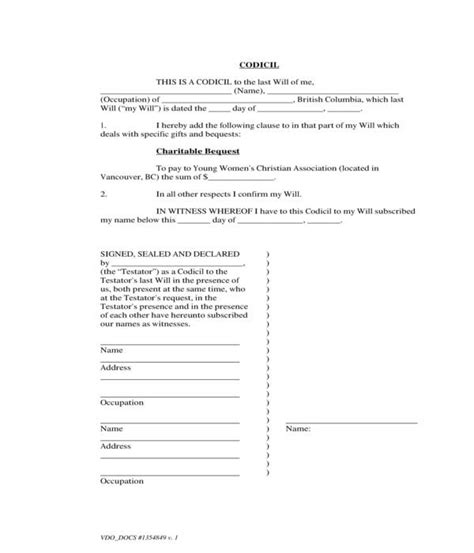 Free Will Codicil Template Form Downloadcodicil To A Wi
