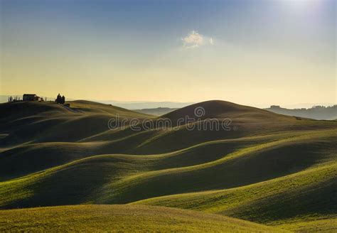 Tuscany Sunset Rural Landscape Rolling Hills Countryside Farm Stock