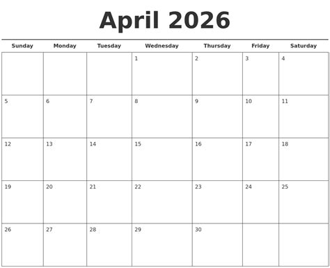 April 2026 Free Calendar Template