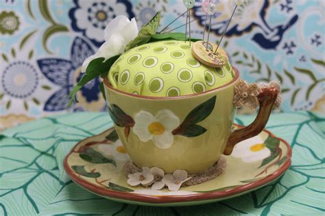 White Dogwood Teacup Pincushion With Green Butterfly The Creative Cottage