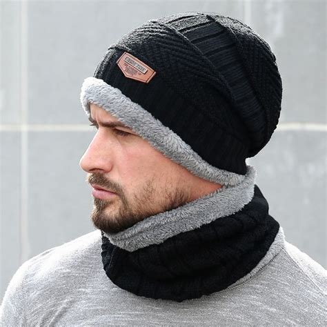 Winter Knitted Hats Scarves Men Winter Cap Beanie Thick Neck Warm Wool