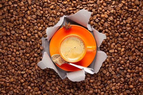 cup of coffee and beans in torn paper coffee bean and espresso stock image image of
