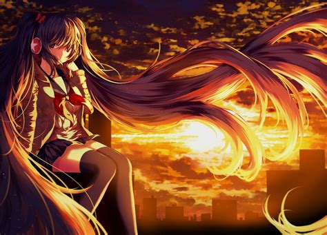 Anime Anime Girls Hatsune Miku Vocaloid Sunset Twintails Thigh