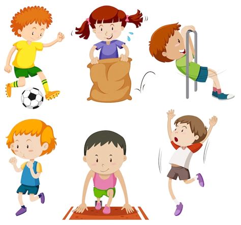 Conjunto De Niños Haciendo Actividades Deportivas Vector Premium