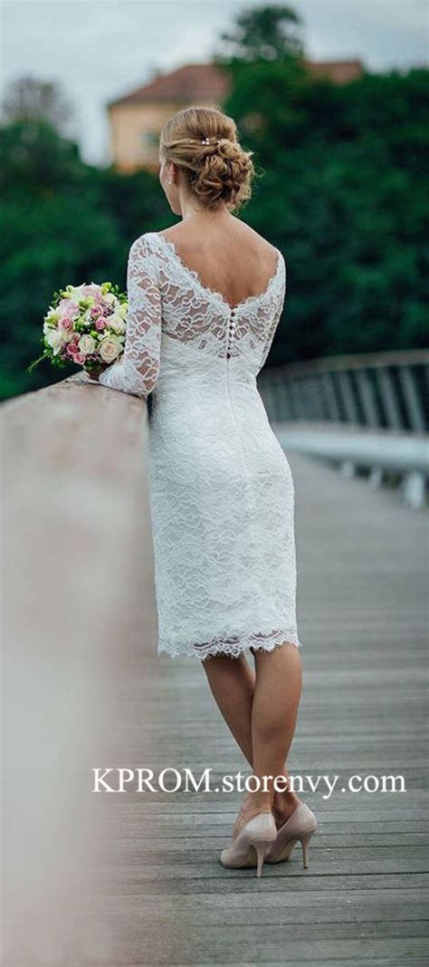 Knee Length Simple White Ivory Wedding Dresslong Sleeves Lace Wedding