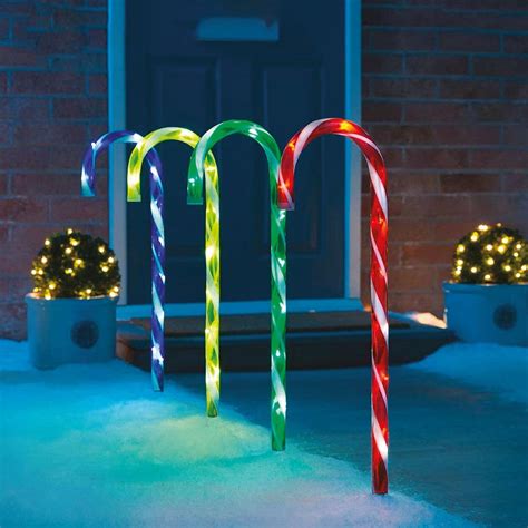 Almineez Christmas Set Of 4 Candy Cane Red And White Light Up 50cm Stakes