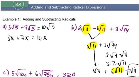 84 Example 1 Adding And Subtracting Radicals Youtube