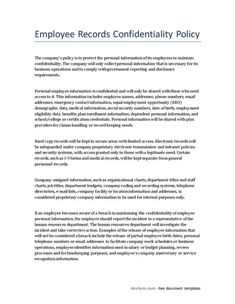 Employee Records Confidentiality Policy In Word And Pdf Formats
