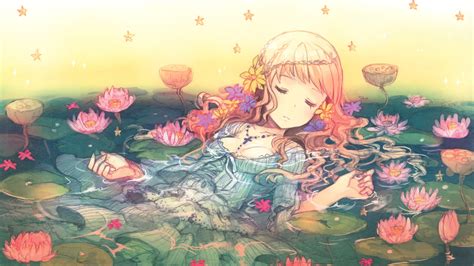 Wallpaper Lukisan Ilustrasi Bunga Bunga Mata Tertutup Gadis Anime