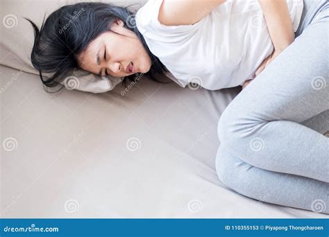 Woman Having Painful Stomachache Female Suffering From Abdominal Pain Stock Image Image Of