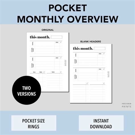 Pocket Rings Monthly Overview Printable Planner Insert Etsy