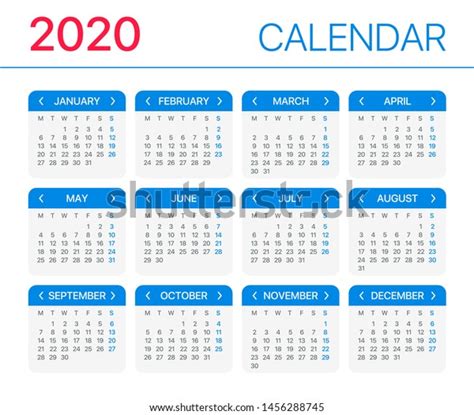 2020 Calendar Monday Sunday Vector Template Stock Vector Royalty Free