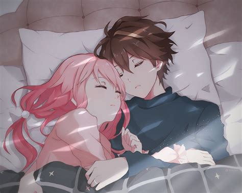 anime couples laying in bed