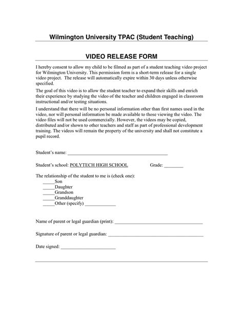 Video release form in Word and Pdf formats