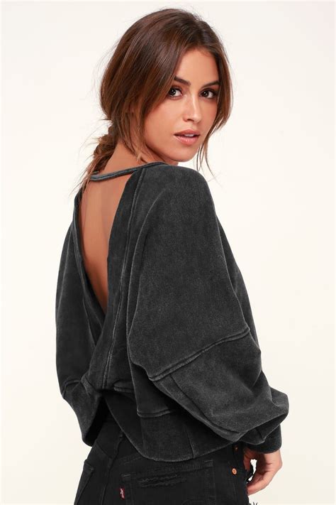 Cozy Washed Black Sweater Backless Sweater Cropped Sweater Comfy