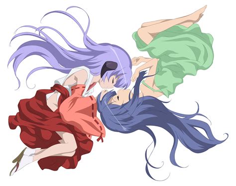 2girls Barefoot Blue Hair Dress Flat Chest Furude Rika Hanyuu Higurashi