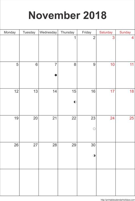 Vertical Calendar Of November 2018 November Calendar Printable