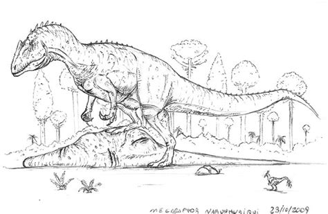 A Drawing Of Two Dinosaurs Fighting Over Each Other In The Grass With Trees In The Background