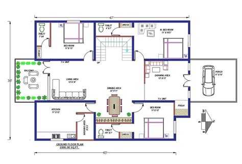 50 X36 Architecture 3 Bhk House Layout Plan Drawing D