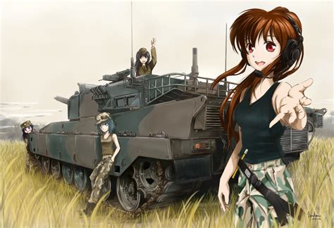 Army Girl Original Characters Red Eyes Long Hair Group Of Women