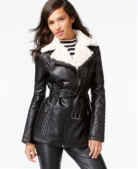 guess faux fur collar quilted faux leather jacket coats women macy s faux leather