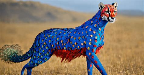 Lexica A Blue And Red Cheetah With A Full Body Covered In Peacock Feathers With A Peacock Head