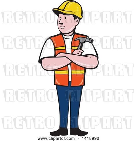 Vector Clip Art Of Retro Cartoon Construction Worker Holding A Hammer