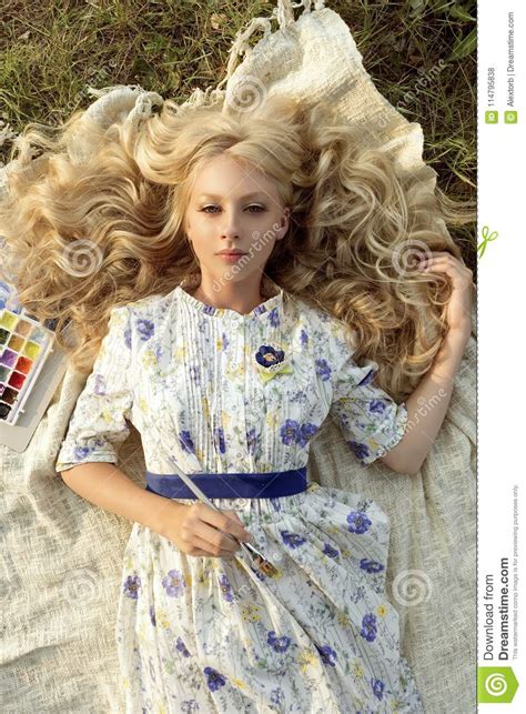 Beautiful Charming Barefoot Long Curly Blonde Hair Teenage Paint Stock
