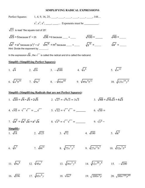 Simplifying Radicals Algebra Worksheet