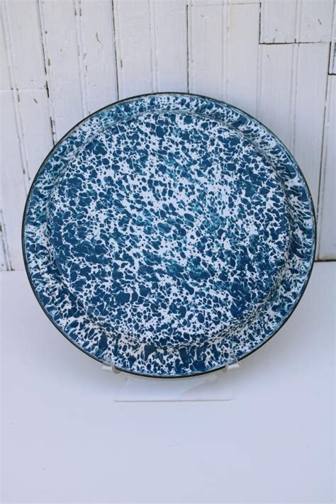 Large Round Serving Tray Vintage Blue And White Splatterware Enamel Ware