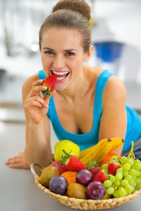 Closeup Young Woman Fruits Plate Eating Strawberry Stock Photos Free
