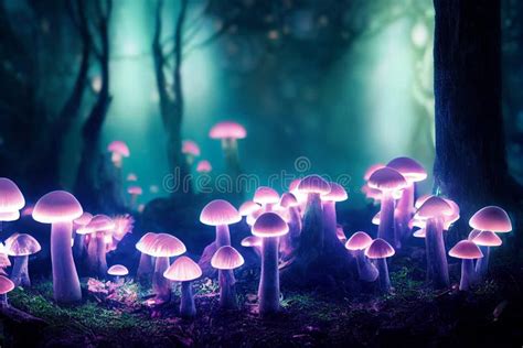 Glowing Mushrooms Magical Shimmering Mushrooms In A Mysterious Forest