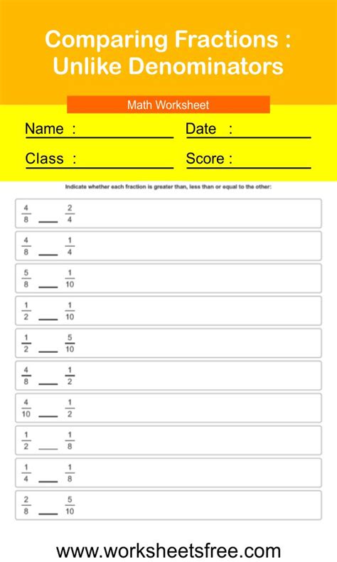 Comparing Fractions Unlike Denominators Worksheets Free